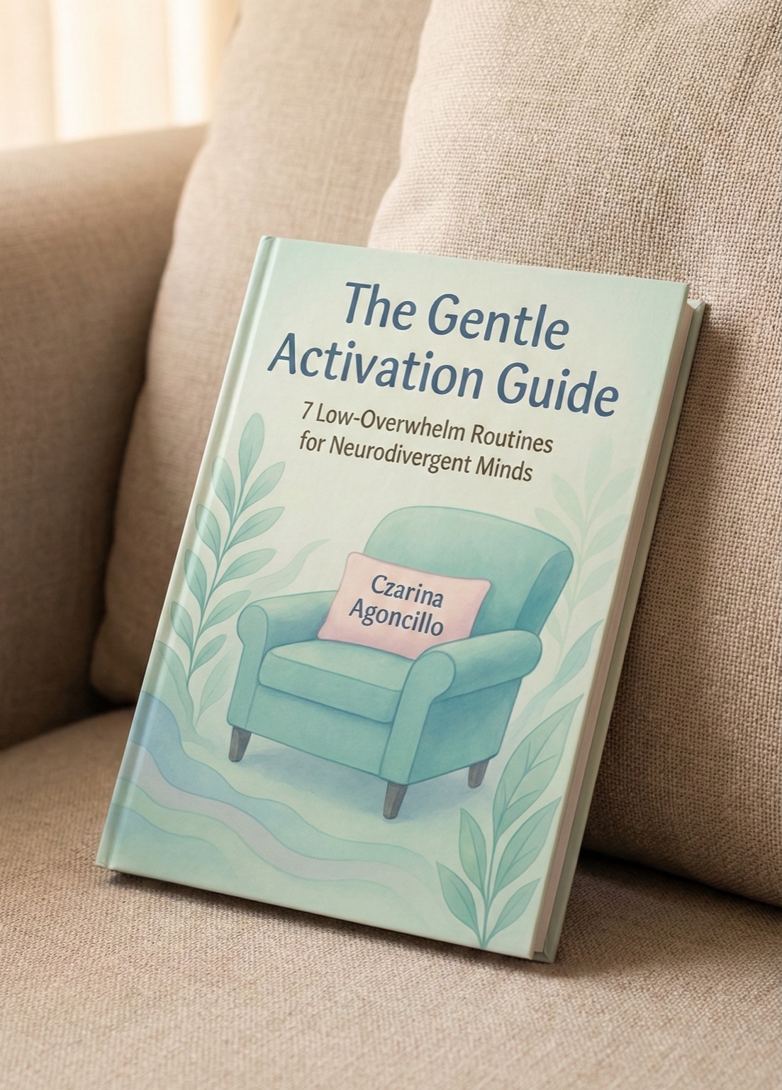 The Gentle Activation Guide book cover showing a cozy armchair with botanical elements
